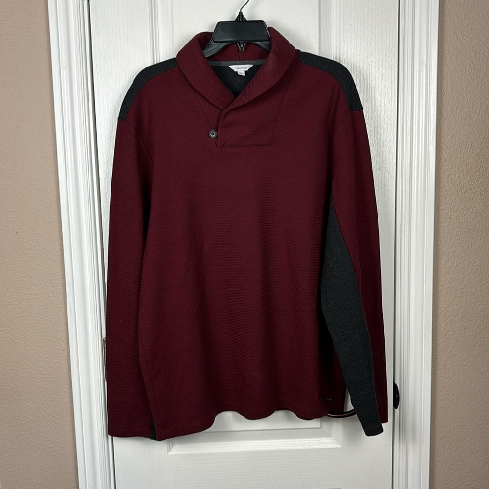 Calvin Klein Men's Collared V-Neck Long Sleeve Pullover Burgundy/Grey Sweater XL